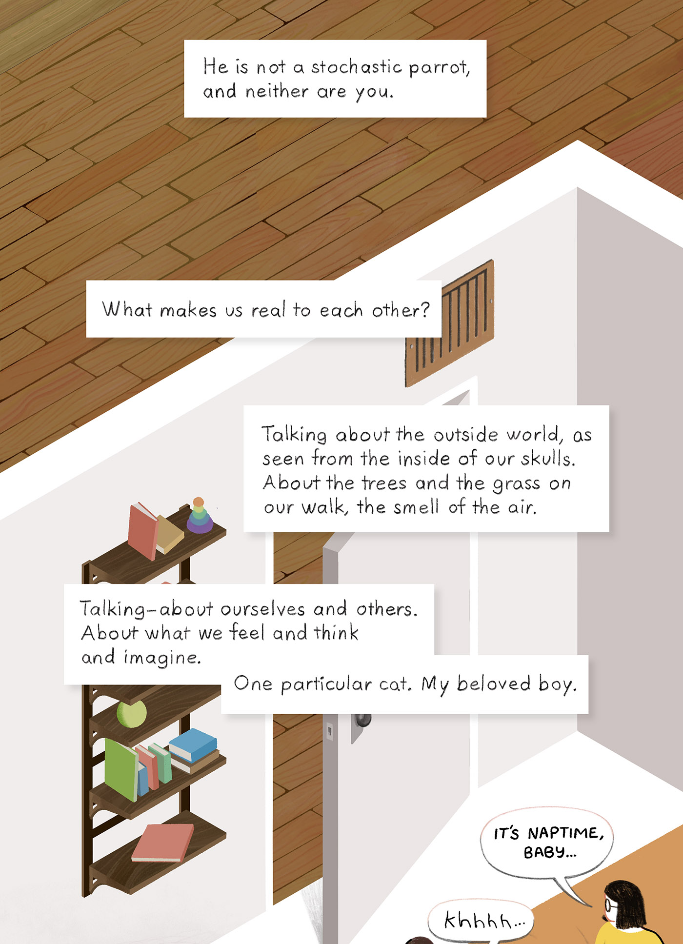 A mother and child in a bedroom, getting ready to sleep.